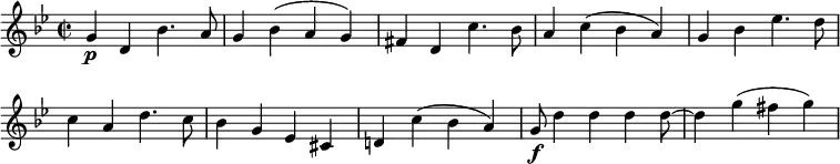 \layout { \context { \Score \remove "Bar_number_engraver" } }
\relative c'' {
\key bes \major
\set Score.tempoHideNote = ##t \tempo 4 = 140
\time 2/2
g4 \p d bes'4. a8
g4 bes (a g)
fis d c'4. bes8
a4 c (bes a)
g bes ees4. d8
c4 a d4. c8
bes4 g ees cis
d! c' (bes a)
g8\f d'4 d d d8~ d4 g (fis g)
}