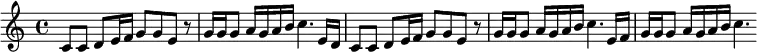 \relative
{ \set Score.tempoHideNote = ##t \tempo 4 = 100 \set Staff.midiInstrument = #"vibraphone"
\key c \major
\time 4/4
c'8 c d e16 f g8 g e r8
| % 2
g16 g g8 a16 g a b c4. e,16 d
| % 3
c8 c d e16 f g8 g e r8
| % 4
g16 g g8 a16 g a b c4. e,16 f
| % 5
g g g8 a16 g a b c4.
}