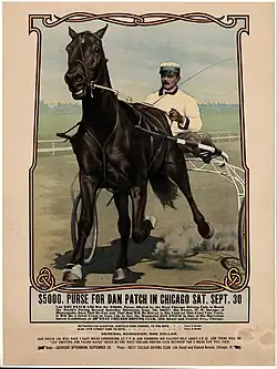 Advertisement for a race depicting the famous harness race horse in action