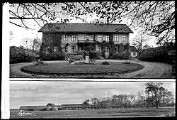 A black and white photograph of a three-story manor house, viewed from the front.