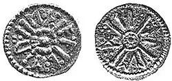 a coin of Alberht I.[25] Both sides of the coin have text in runes laid out between the limbs of a saltire pommée, decorated with pellets. Obverse: eþ æl be rt; reverse: ti æl re d.[26]