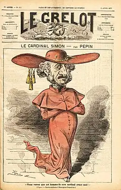 Press drawing depicting a moustachioed man wearing a galero and a red cardinal’s robe.