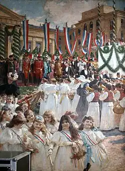 Visit of Emperor Franz Joseph I in Zagreb, red-white-blue (Croatian) flags, 1895