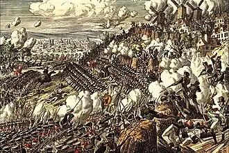 Sepia tone print shows Russians attacking uphill.