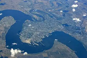 Aerial view of confluence of Boh and Inhul at Mykolaiv (main course is Boh, Inhul is at top and upper right corner of the picture)