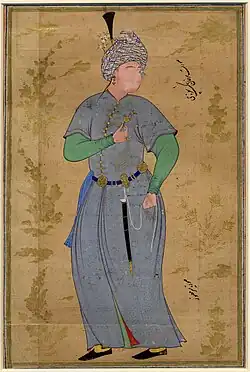 "Sarkhan Beg the Table-steward"; c. 1530; opaque watercolor, ink, and gold on paper; 33&nbsp;cm (height) x 22&nbsp;cm (width); the British Museum. This portrait is signed by Mir Musavvir[3]: 55 