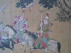 Close up view of the Ming dynasty painting "Departure Herald" showing riders wearing lamellar and mountain pattern armour