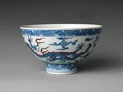 Jingdezhen bowl with dragon design in underglaze blue and overglaze red and green enamels, Ming dynasty, Zhengde period. Metropolitan Museum of Art.