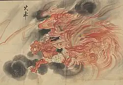 11 Kasha (火車) is a form of Japanese demon (oni) or monster (yōkai) that steals the corpses of those who performed evil acts during their lifetime.[37] Kasha are often depicted as a feline demon, but this scroll depicts the kasha as a demon pulling a cart wreathed in flame. Kasha literally means "burning cart" or "fiery chariot". Kasha were depicted as a fiery chariot which took the dead away to hell, and were depicted as such in Buddhist paintings, such as rokudō-e.[38] Kasha appeared in other Buddhist paintings of the era, notably jigoku-zōshi (Buddhist 'hellscapes', paintings depicting the horrors of hell), where they were depicted as flaming carts pulled by demons.[39] Tales of the kasha were used by the Buddhist preachers to persuade believers to avoid sin.[38]
