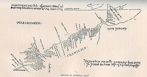 Image 17A 1527 map by Vesconte Maggiolo showing the east coast of North America with "Tera Florida" at the top and "Lavoradore" at the bottom. (from History of Florida)