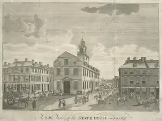 Engraving by Samuel Hill of the western and southern elevations, published in the Massachusetts Magazine, 1793