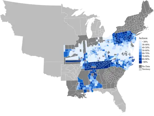 Map of presidential election results by county, shaded according to the vote share of the highest result for an elector candidate pledged to Jackson