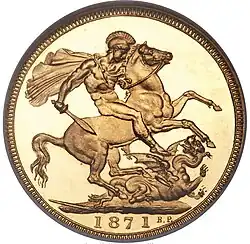 Gold coin with a man fighting a dragon