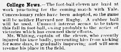 caption= News about the Harvard v Yale game played under the "concessionary rules". It is considered the first rugby-style game between US-based colleges