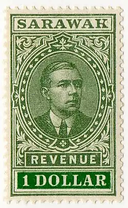 A $1 revenue stamp issued in 1918, featuring Charles Vyner Brooke, the 3rd and last White Rajah of Sarawak