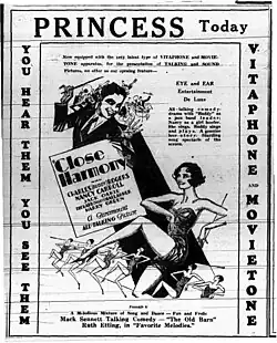 Ad for the first talkie screened at the Princess