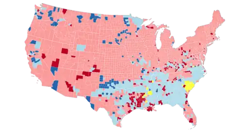 Light red indicates GOP hold, dark red indicates GOP flip, dark blue indicates Dem flip, while yellow indicates Unpledged electors.