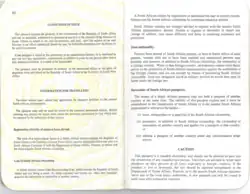 1995 South African Passport pages 40 and 41. Conditions of Issue, Information for Travellers and Caution notices.