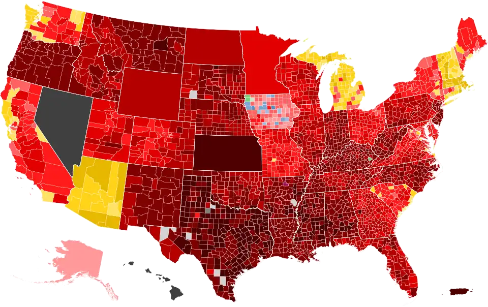 Results by county, shaded according to winning candidate's percentage of the vote