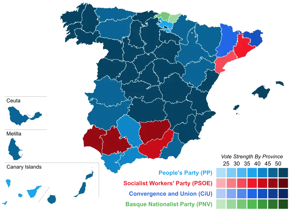 Map of Spain showcasing winning party's strength by constituency