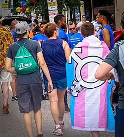Transgender symbol (⚧) overlaid on the transgender flag