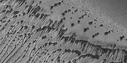 Close view of the end of gullies in Russell Crater, as seen by HiRISE