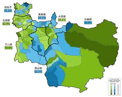 Map of the southern part of Nantou County listing the percentage of the vote the DPP and KMT candidates obtained in different areas