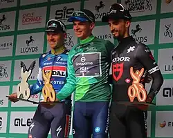 The final podium: Evenepoel, Grégoire (winner) and Alahillipe