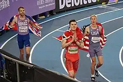Jakob Ingebrigtsen, Neil Gourley, and Luke Houser after finishing a 1500 m race