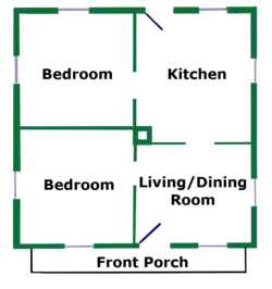 The one-story floorplan typical of an American pyramidal cottage, i.e. the "Four-box Plan" of Thomas Hubka.