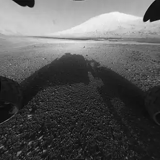 Aeolis Palus and "Mount Sharp" in Gale Crater as viewed by the Curisoity (August 6, 2012).