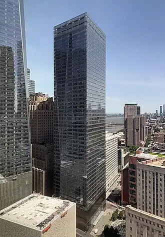 The glass facade of 7 World Trade Center, a skyscraper in New York's World Trade Center
