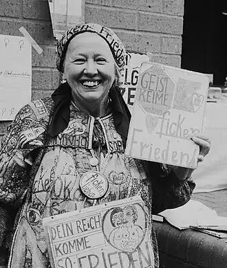 Sex-positive feminist Helga Goetze holding a vigil in 1987