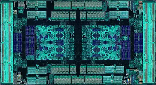 Die shot of the center die, after removal from processor package substrate and metallization etching
