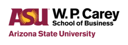 The ASU logo, the letters ASU with a sunburst around the S, next to the words "W. P. Carey School of Business" on two lines with the words "Arizona State University" in a third line at the bottom left