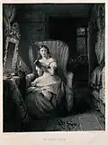 A young woman is sitting in a chair reading a story after Robert William Buss.