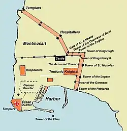 A map of Acre in 1291 (a century after Albéric's death), showing the position of the Accursed Tower