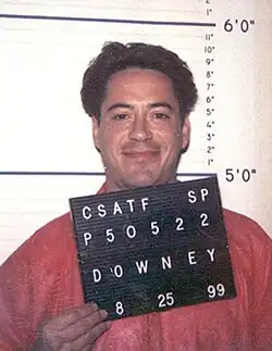 Mugshot of a 34-year-old Downey smiling slightly, holding a placard with his identification details