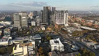 Aerial view of Box Hill's CBD looking east in 2024