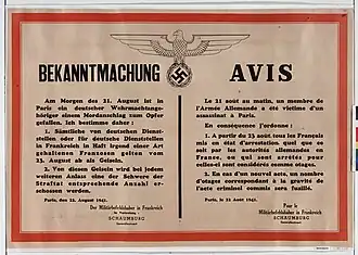 Poster announcing that the Germans will take hostages in retaliation for attacks on German soldiers, 21 August 1941 (Gallica Digital Library)