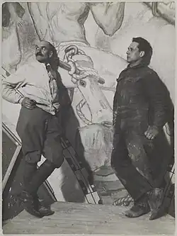 With his father Akseli by the Kalevala cupola fresco, 1928