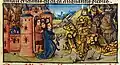 Folio 44r: Alexander outside the gates of Abdyra receiving the keys of the city.