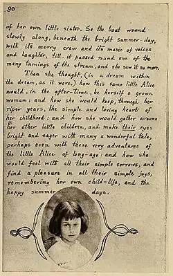 Manuscript text of Alice's adventures Underground (1864) by Lewis Carroll. Alice Liddell's photograph is on this last page as a gift.