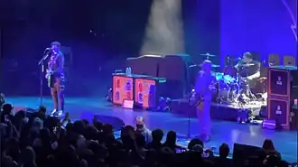 Alkaline Trio performing in Los Angeles in 2021. Left to right: Skiba, Andriano, and Grant