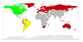 World map showing reciprocal licensing agreements for amateur radio