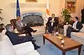 Cypriot President Nicos Anastasiades and his future successor, Government Spokesman Nikos Christodoulides, with U.S. Ambassador to Cyprus Kathleen A. Doherty at the Palace in February 2018