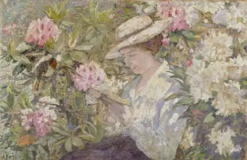 Femme lisant dans un massif de rhododendrons, (around 1900) 67 x 106&nbsp;cm.