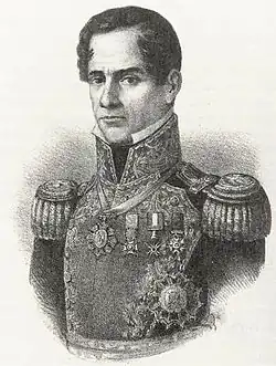 Lithograph depicting head and shoulders of a middle-aged, clean-shaven man wearing an ostentatious military uniform.