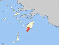 Apolakkia (yellow dot) within South Rhodes municipal unit (red)