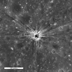 The crater created by the S-IVB's impact, as photographed by the Lunar Reconnaissance Orbiter, 2010